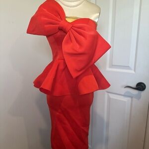 Red Midi Dress with Bow Detail